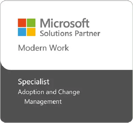Microsoft Solutions Partner Modern Work badge with 'Specialist' in dark gray panel, 'Adoption and Change Management' text below