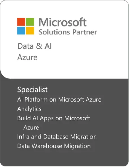 Microsoft Solutions Partner badge for Data & AI on Azure, with Specialist areas: AI Platform, Analytics, AI Apps on Azure, Infra/DB Migration, Data Warehouse Migration