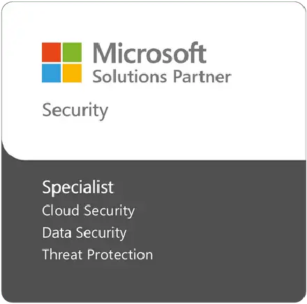 Microsoft Solutions Partner Security badge showing Specialist in Cloud Security, Data Security, and Threat Protection.