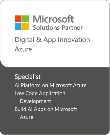 Microsoft Solutions Partner badge with 'Digital & App Innovation Azure' and a list of specialist areas: AI Platform on Microsoft Azure, Low Code Application Development, Build AI Apps on Microsoft Azure.