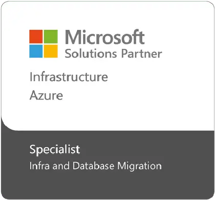 Microsoft Solutions Partner badge for Infrastructure on Azure; Specialist in infrastructure and database migration.