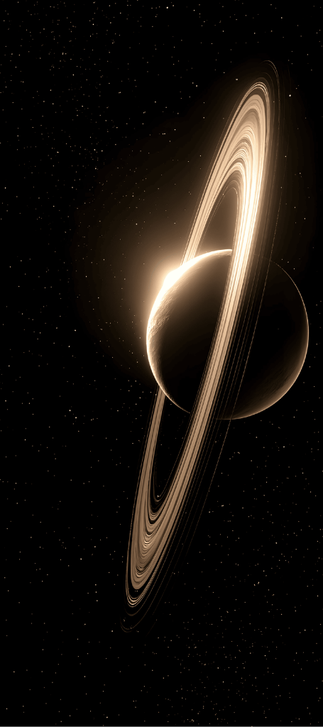 Planet with a bright ring system tilted diagonally, glowing against a starry black backdrop.