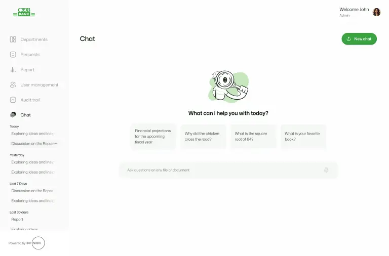 Chat dashboard with left navigation, 'New chat' button, and a mascot illustration in the center.