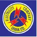 Circular badge on a blue background: yellow ring surrounding a red triangle and blue star with Cyrillic text around the edge.