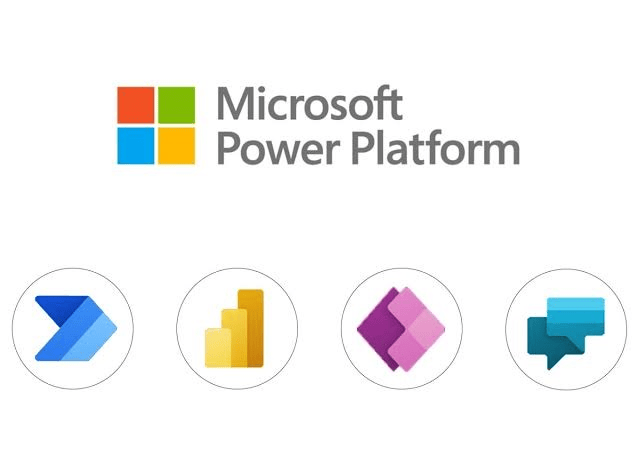 Microsoft Power Platform logo with four circular icons: Power Automate, Power BI, Power Apps, and Power Virtual Agents.
